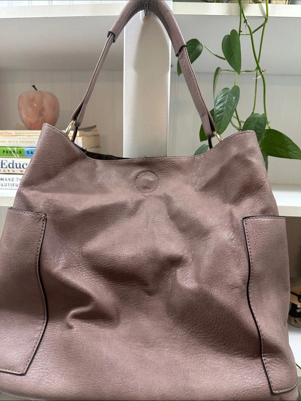 Perforated Mauve Leather Hobo Bag with Front Slip Pockets